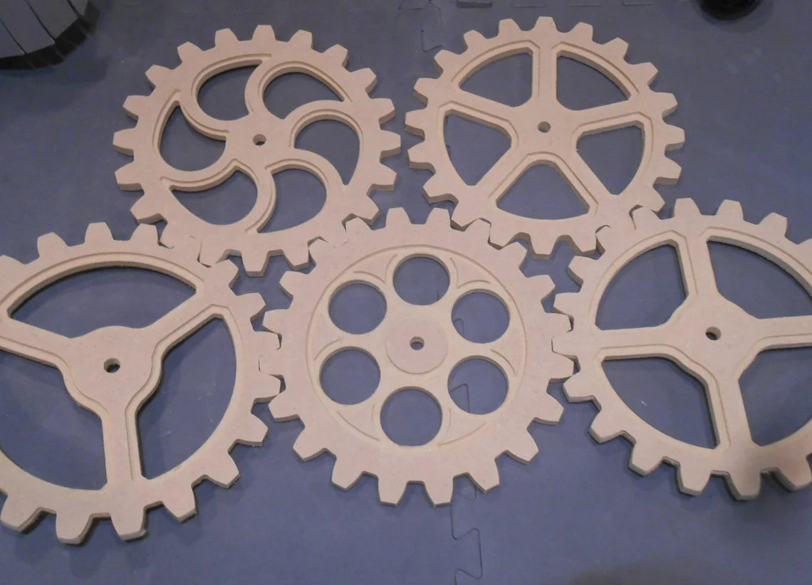 Five Wooden Gears 10 Inch gear, cogs, Wood Gears, Steampunk Industrial Design - Five 10 Inch Gears With Five Different Design