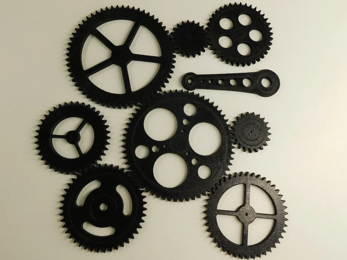 10 Pieces - Steampunk Gears Wall Decor - Eight Gears, Two Push Rods -- Wood Gears