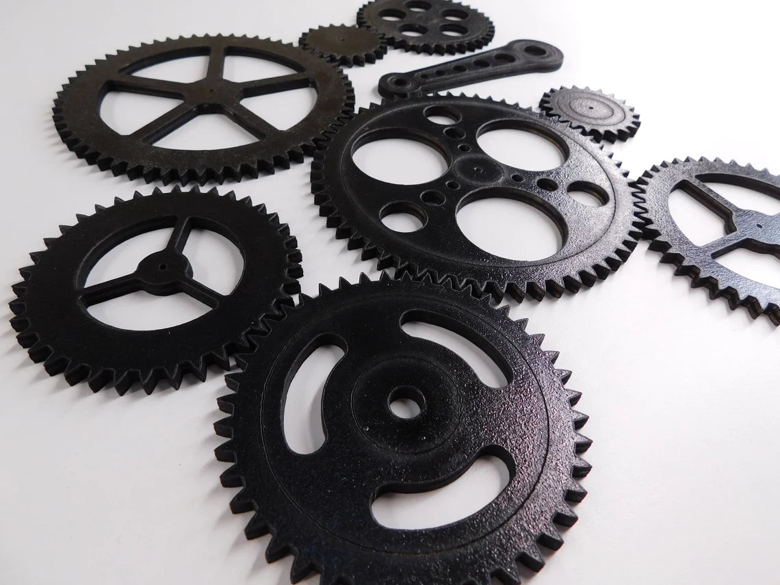10 Pieces - Steampunk Gears Wall Decor - Eight Gears, Two Push Rods -- Wood Gears